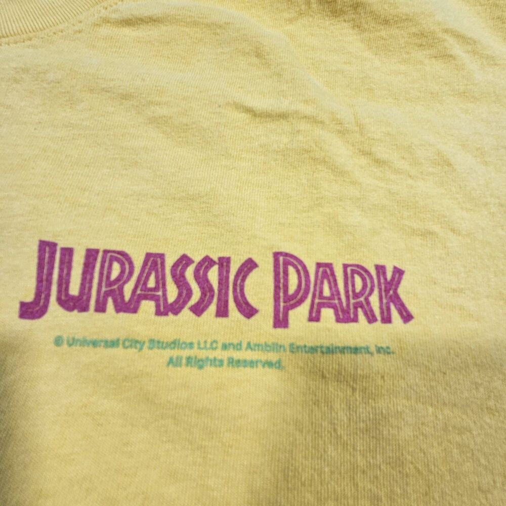 VTG Dumbgood Jurassic Park Graphic Logo Crew Neck T-Shirt Yellow Mens L - Picture 3 of 5